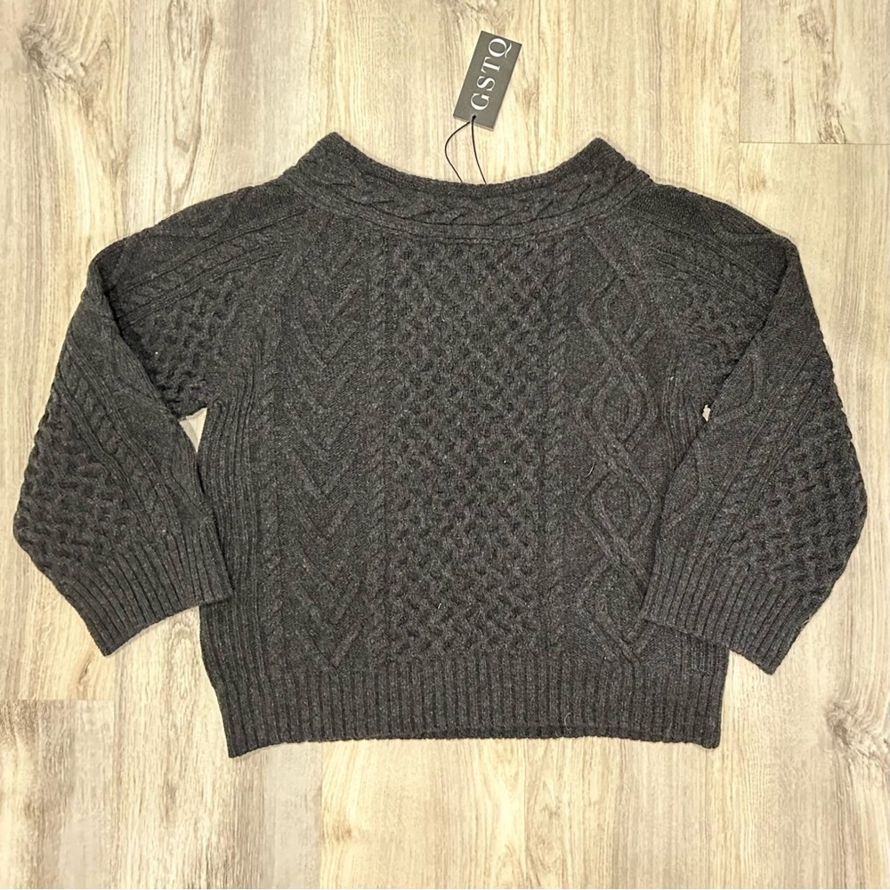 NWT GSTQ Off Shoulder Cable Knit 100% Fine Wool Chunky Sweater Charcoal Size XL - Picture 7 of 8